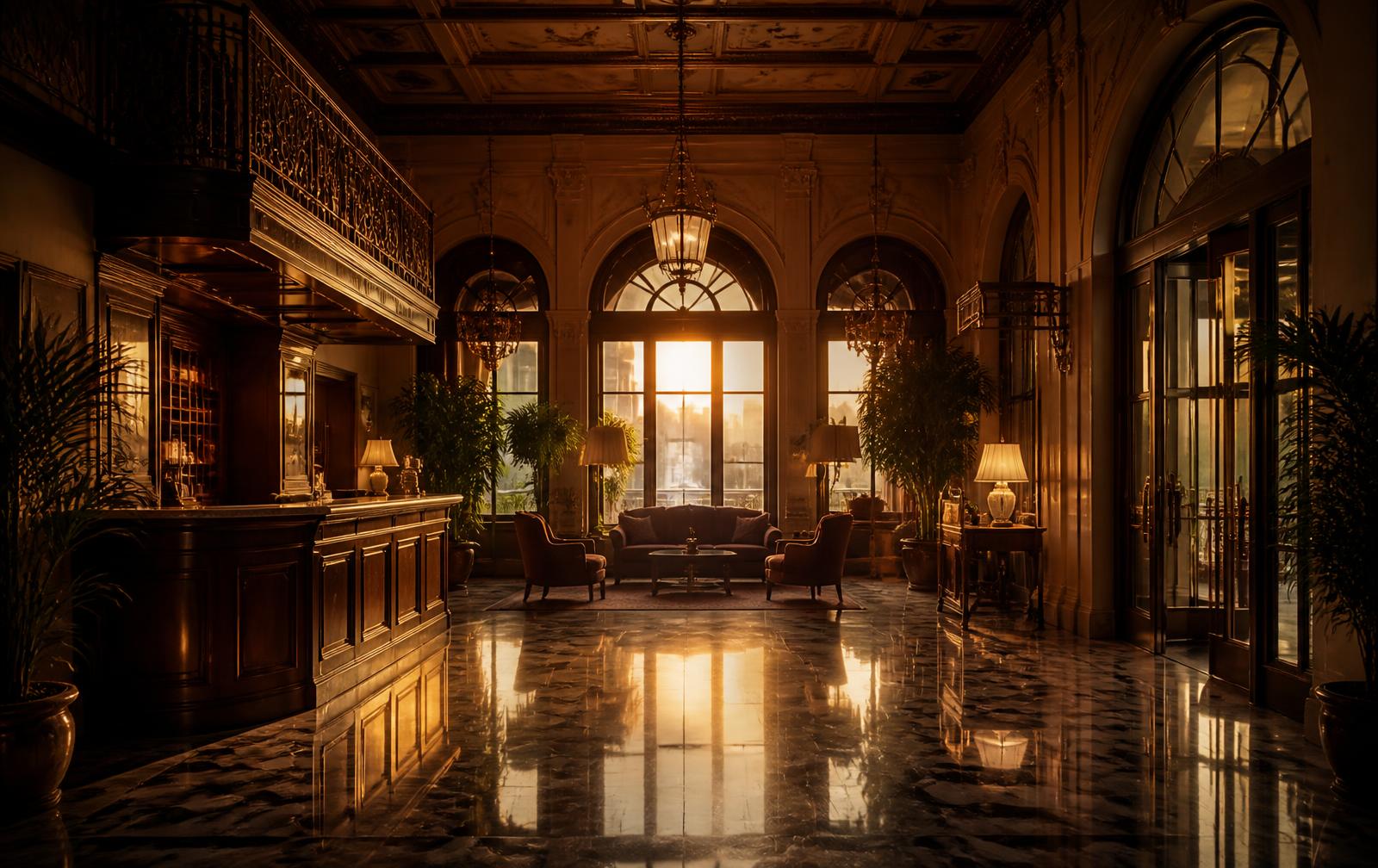 Historic boutique hotel lobby at golden hour with brass and marble detailing