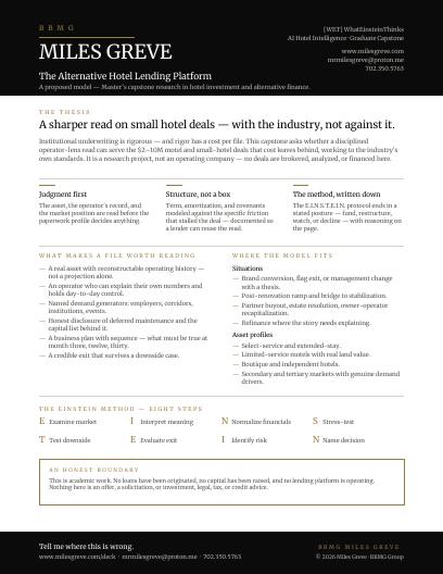 First page of the BBMG Miles Greve Alternative Hotel Lending Platform one-pager